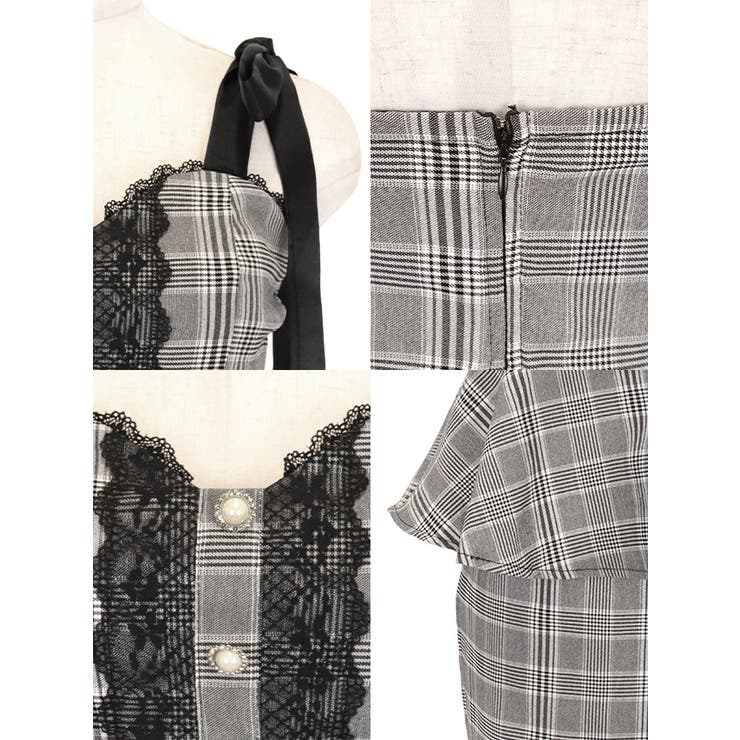 リボンショルダーレースリボンチェック柄ペプラムミニドレス ガーリードレス 袖なし | Tika | 詳細画像13 