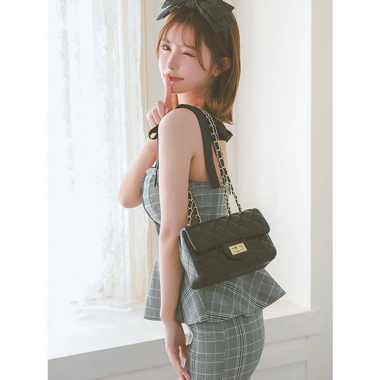 リボンショルダーレースリボンチェック柄ペプラムミニドレス ガーリードレス 袖なし | Tika | 詳細画像1 