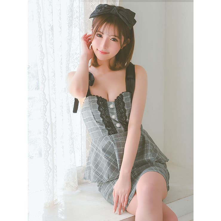 リボンショルダーレースリボンチェック柄ペプラムミニドレス ガーリードレス 袖なし | Tika | 詳細画像4 