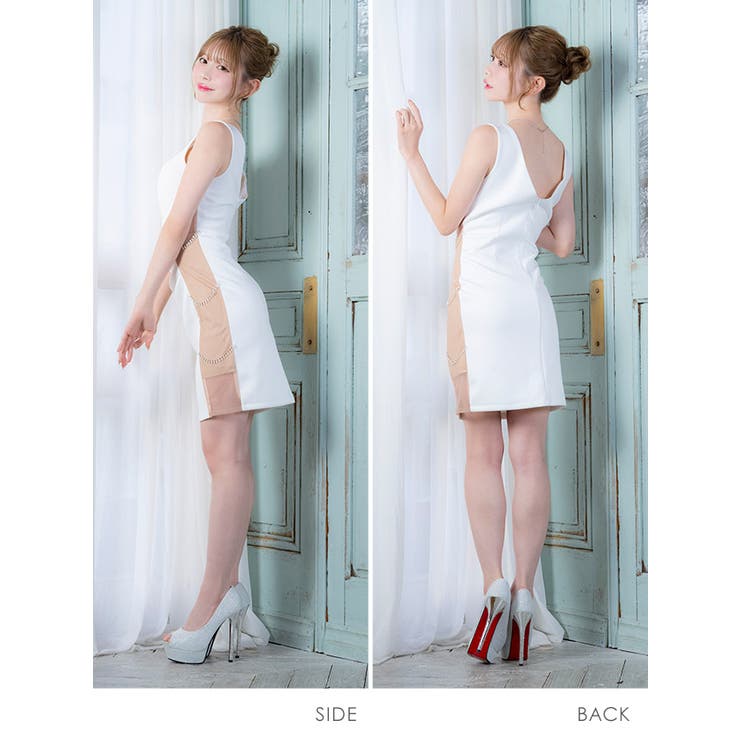 サイドパネル×チェーンビジュー装飾タイトミニドレス セクシードレス 袖なし | Tika | 詳細画像12 