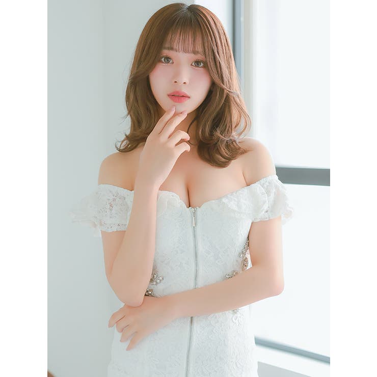 総フラワーレースフリル×フロントジップタイトミニドレス