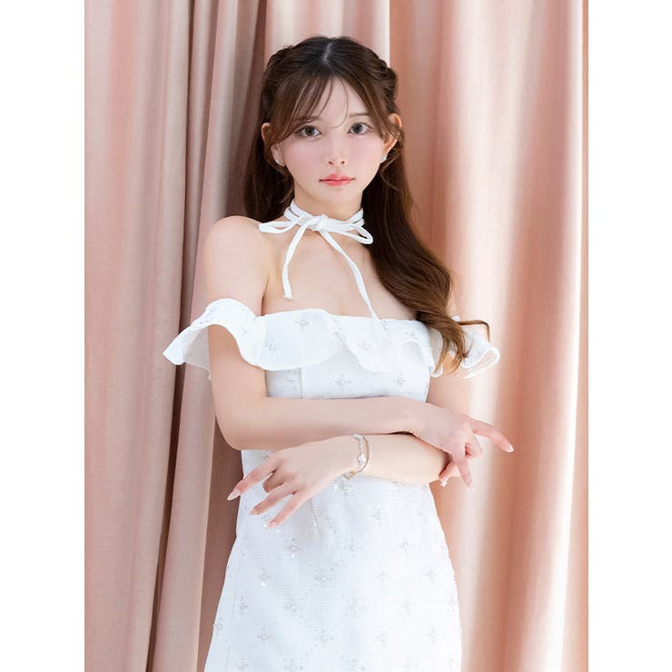 Tika ビジュー付きフリルオフショルダーAラインフレアミニドレス ガーリードレ… | Tika | 詳細画像1 