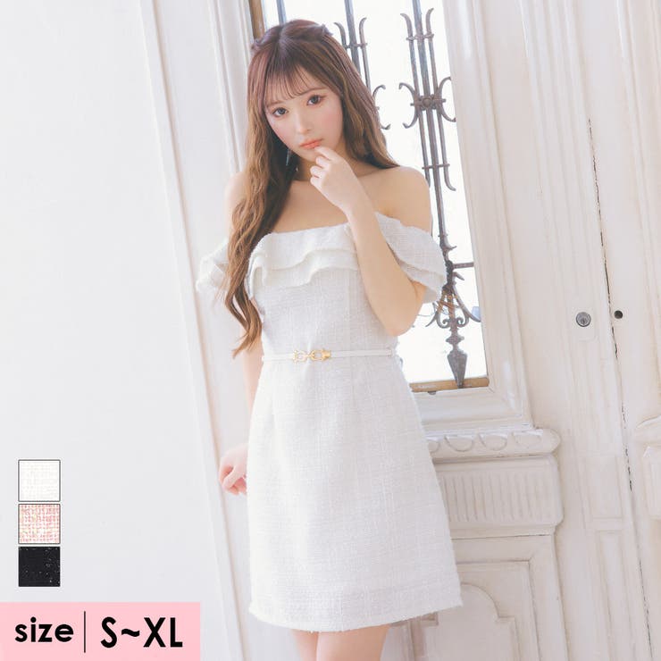美ライン韓国ドレス＊Tika＊ホワイトフリル付ワッフルフレ