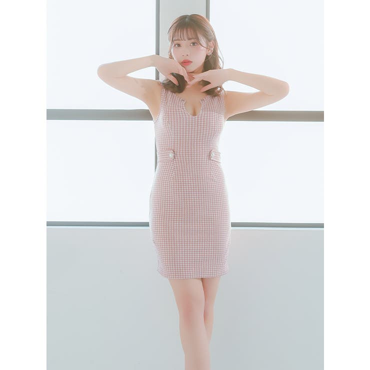 tika 千鳥格子柄 タイトミニドレス Tika キャバドレス 千鳥格子柄 ノースリーブ カットアウト ミニ
