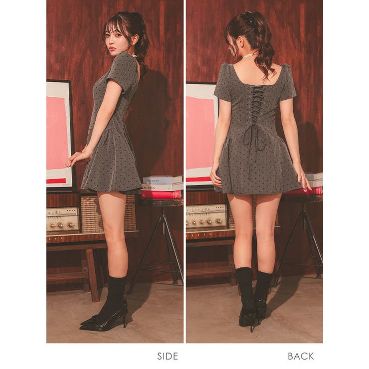 スピンドル×ドット柄スクエアネックフレアミニドレス ガーリードレス 袖あり | Tika | 詳細画像6 
