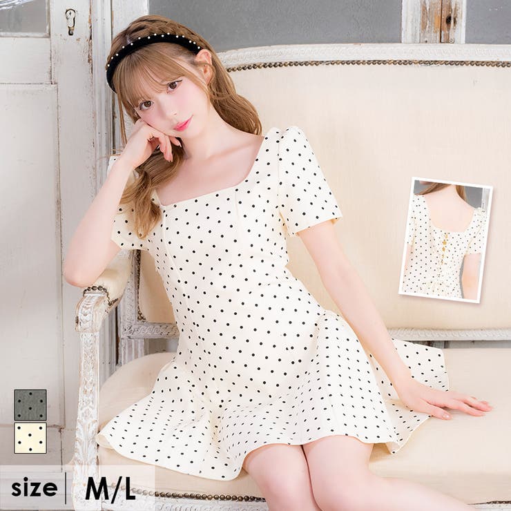 アイボリー | スピンドル×ドット柄スクエアネックフレアミニドレス ガーリードレス 袖あり | Tika