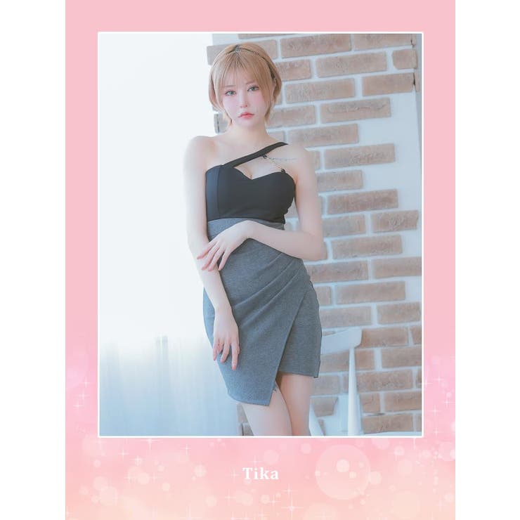 Tika キャバドレス ワンショルダーデコルテチェーンコードバイカラー