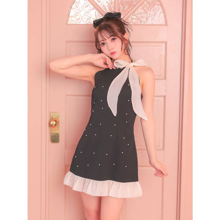 フリル裾×ネックリボンタイ付きフレアミニドレス ガーリードレス 袖なし | Tika | 詳細画像4 