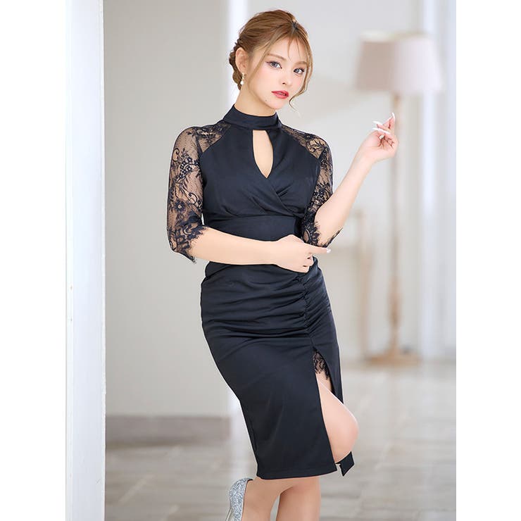 アメリカンスリーブベースレース×スリットタイトミディアムドレス