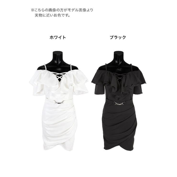 デコルテコードオフショル×フリルタイトミニドレス ガーリー