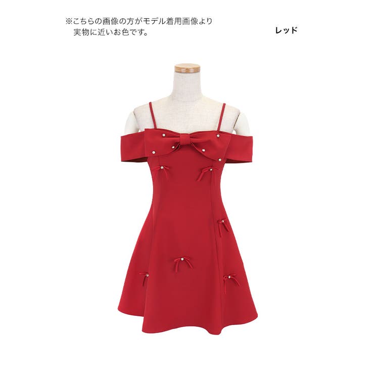 レッド | Tika ビジューリボンオフショルフレアミニドレス ガーリードレス | Tika