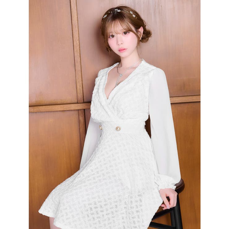 Tika シフォン袖ゴールドボタンVネックフレアAラインミニドレス ガーリードレ… | Tika | 詳細画像4 