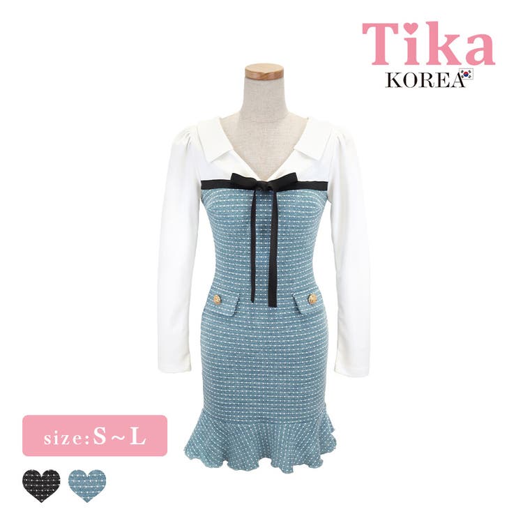 ホワイト×ブルー | Tika 襟付きリボンモチーフツイードマーメイドミニドレス 韓国ドレス | Tika