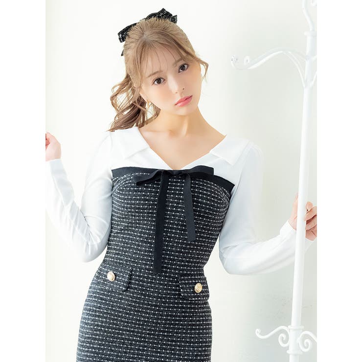 Tika 襟付きリボンモチーフツイードマーメイドミニドレス 韓国ドレス | Tika | 詳細画像1 