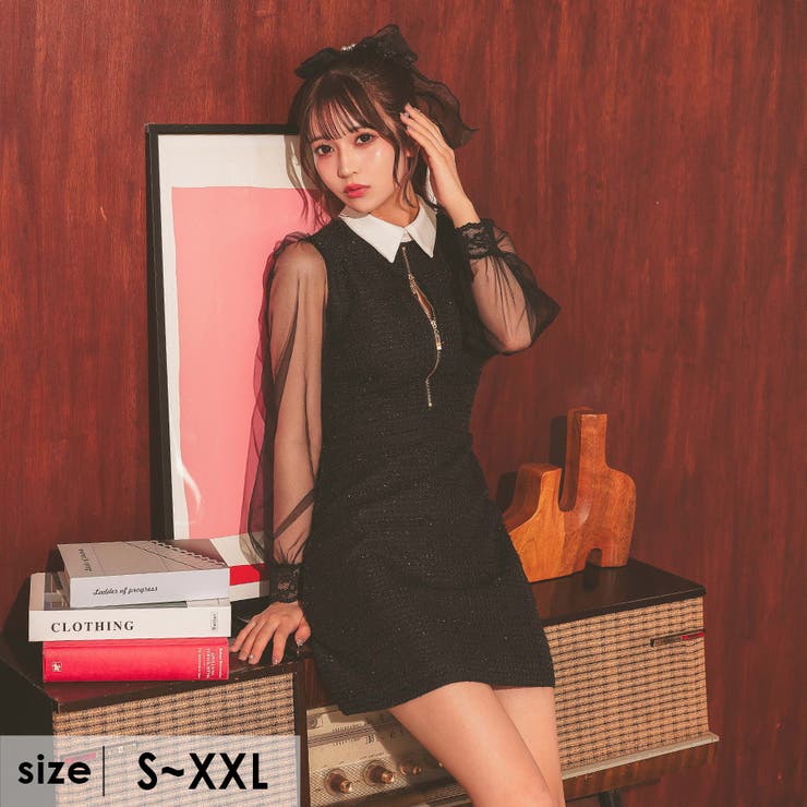 ツイード×配色襟＊フロントジップタイトミニドレス ガーリードレス 袖あり | Tika | 詳細画像1 