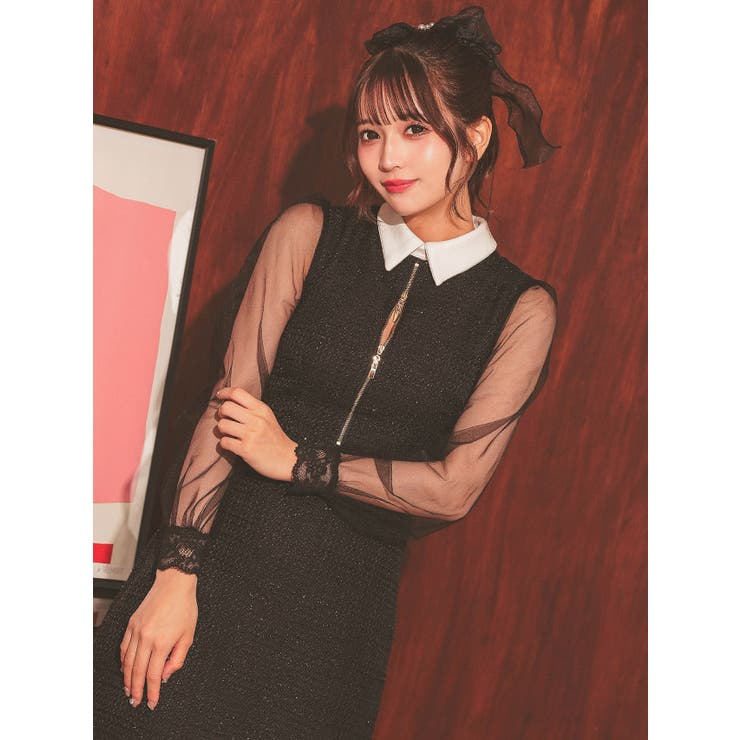 ツイード×配色襟＊フロントジップタイトミニドレス ガーリードレス 袖あり | Tika | 詳細画像2 