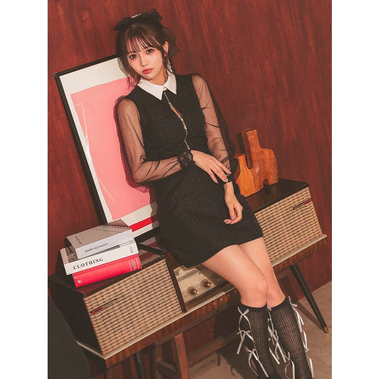 ツイード×配色襟＊フロントジップタイトミニドレス ガーリードレス 袖あり | Tika | 詳細画像4 