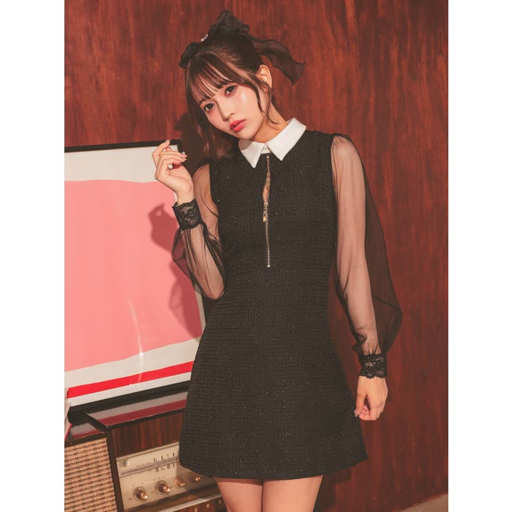 ツイード×配色襟＊フロントジップタイトミニドレス ガーリードレス 袖あり | Tika | 詳細画像5 