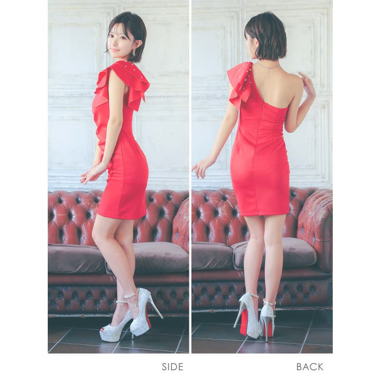 フリルワンショルダーサイドカットパールタイトミニドレス セクシードレス  エレガント[品番：XK000013208]｜Tika（ティカ）のレディースファッション通販｜SHOPLIST（ショップリスト）