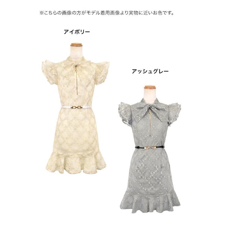 フラワー刺繍チェックネックリボン×ハーフジップミニドレス