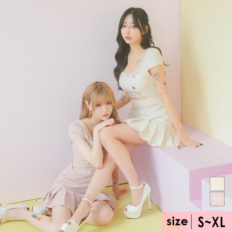 ウエストカットツイードプリーツタイトミニドレス ガーリードレス 袖あり | Tika | 詳細画像1 