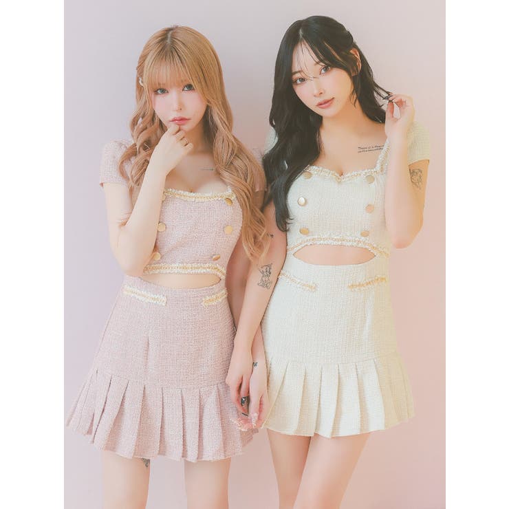 ウエストカットツイードプリーツタイトミニドレス ガーリードレス 袖あり | Tika | 詳細画像3 