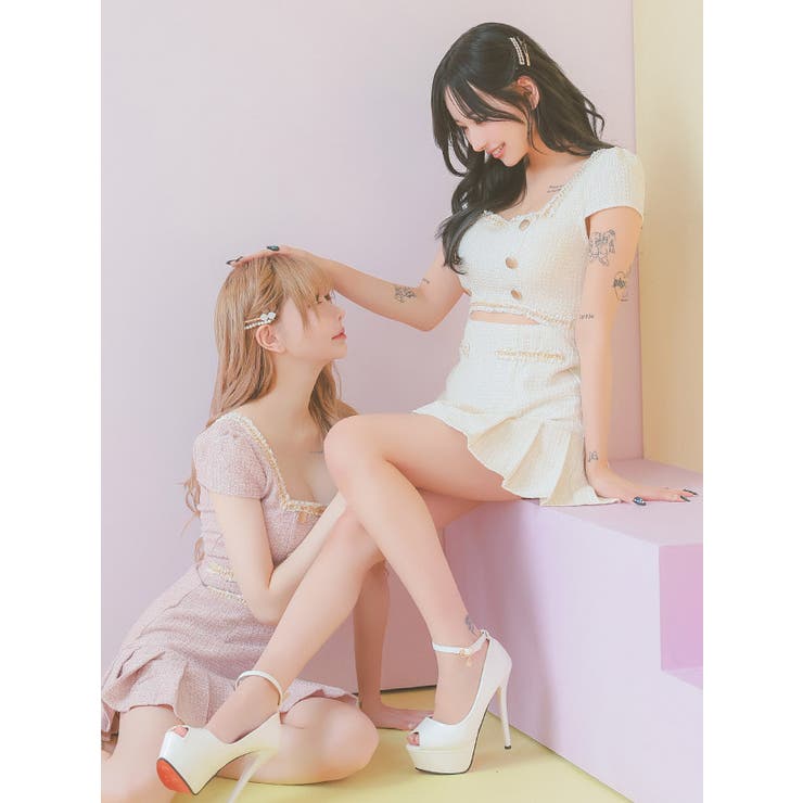 ウエストカットツイードプリーツタイトミニドレス ガーリードレス 袖あり | Tika | 詳細画像4 