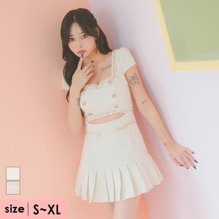 アイボリー | ウエストカットツイードプリーツタイトミニドレス ガーリードレス 袖あり | Tika