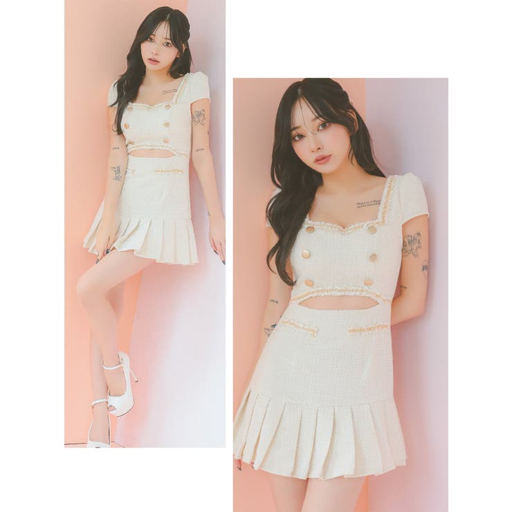 ウエストカットツイードプリーツタイトミニドレス ガーリードレス 袖あり | Tika | 詳細画像8 