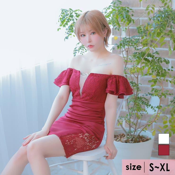 ワインレッド | ヌーディーレースカットオフショルタイトミニドレス セクシードレス 袖あり | Tika