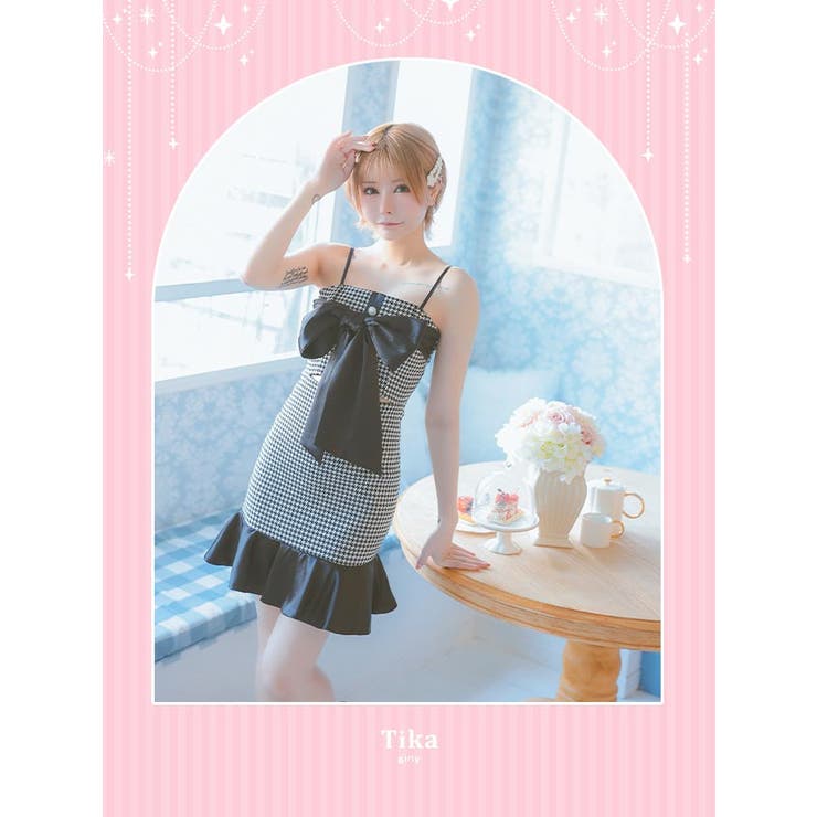 モノトーン千鳥格子柄ビッグリボンミニドレス ガーリードレス 袖