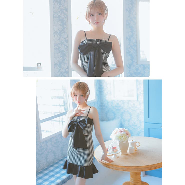 モノトーン千鳥格子柄ビッグリボンミニドレス ガーリードレス 袖