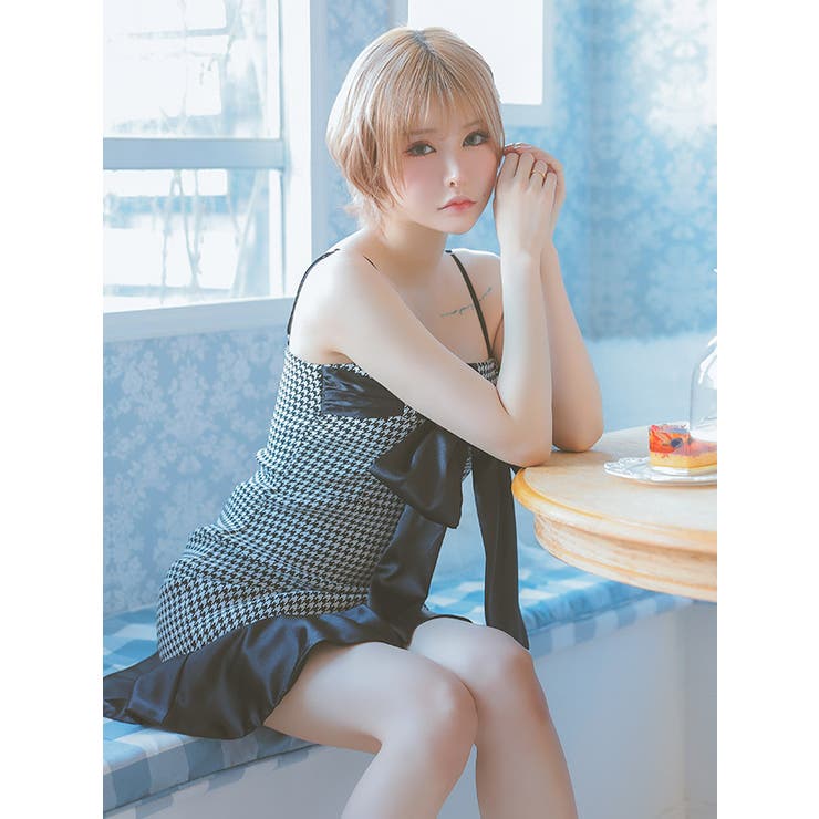 モノトーン千鳥格子柄ビッグリボンミニドレス ガーリードレス 袖