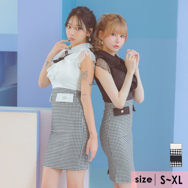 Tika キャバドレス ドットシアー×フリルサイハイウエストチェック