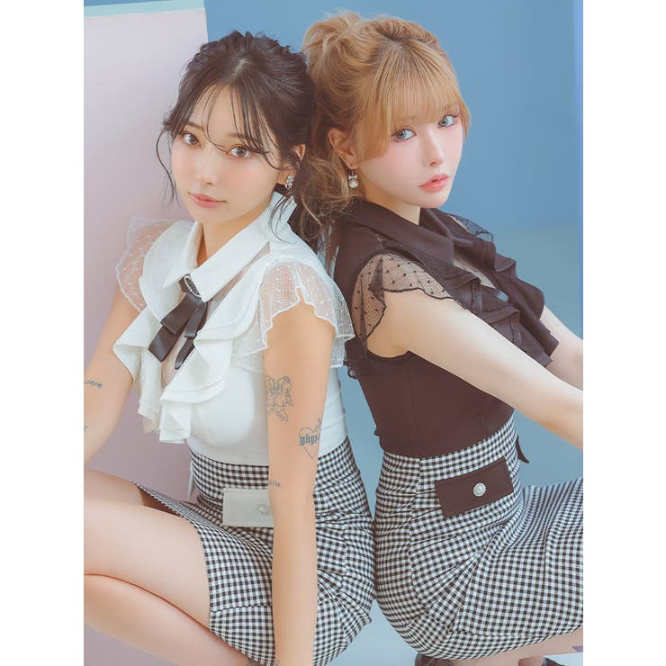Tika キャバドレス ドットシアー×フリルサイハイウエストチェック