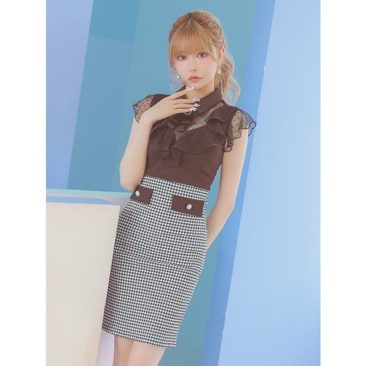 Tika キャバドレス ドットシアー×フリルサイハイウエストチェック