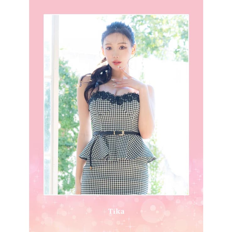 tika 千鳥格子柄 タイトミニドレス ティカ Tika キャバドレス 胸元フリル袖ペプラムウエストリボン