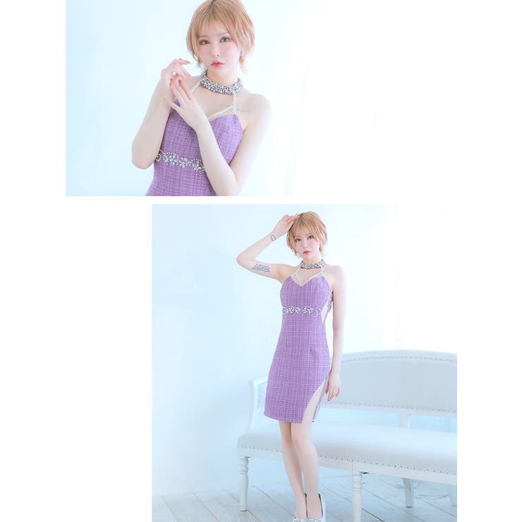 ツイード×ビジューネックラインコードシースルーカットアウトミニドレス | Tika | 詳細画像2 