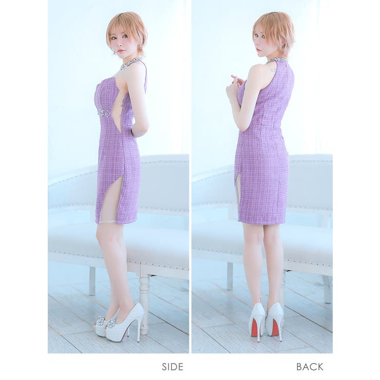 ツイード×ビジューネックラインコードシースルーカットアウトミニドレス | Tika | 詳細画像5 