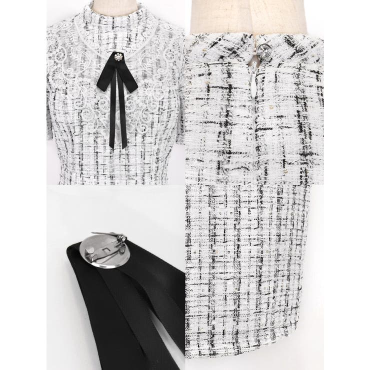 ツイードチェックケミカルレース×リボンブローチミニドレス ガーリードレス 袖あり | Tika | 詳細画像13 