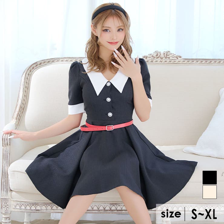 ブラック | ラメ×ツイード襟デザインAラインフレアワンピースミニドレス ガーリードレス 袖あり | Tika