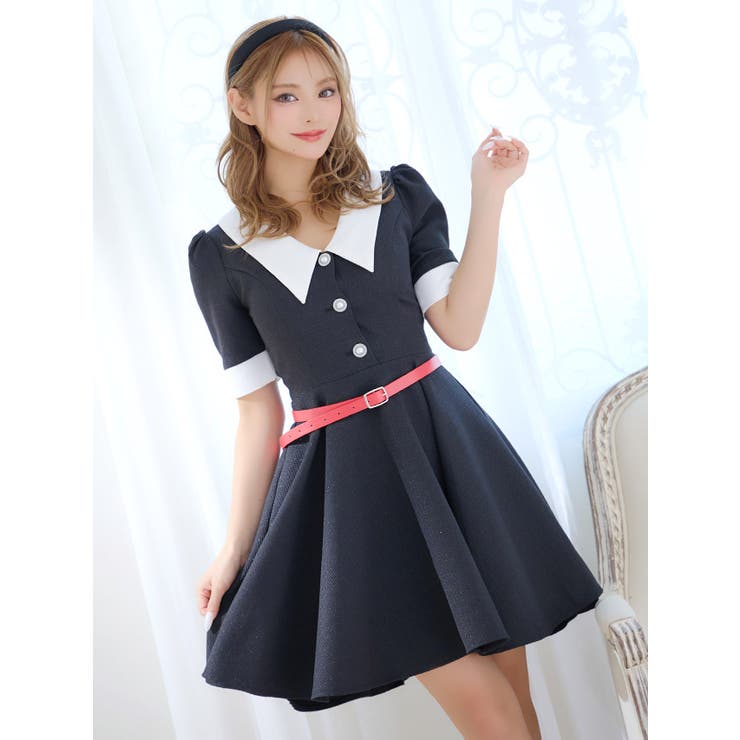 ラメ×ツイード襟デザインAラインフレアワンピースミニドレス ガーリードレス 袖あり | Tika | 詳細画像1 