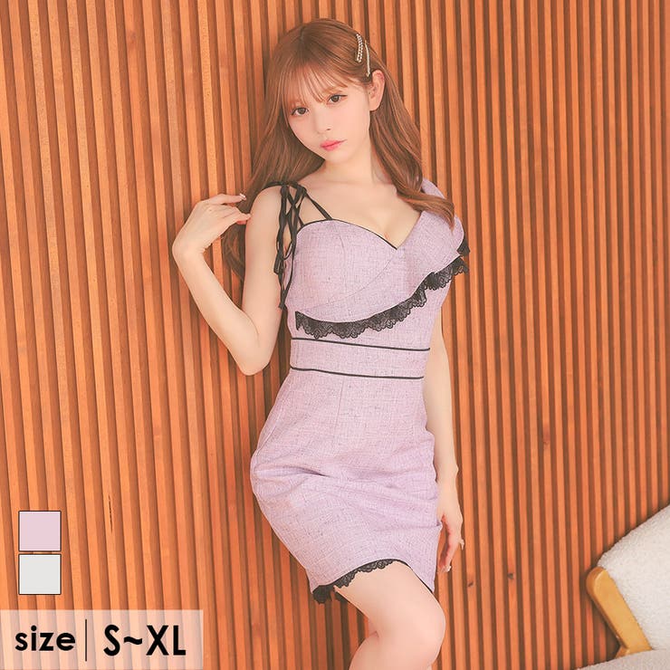 ラベンダーピンク | ワンショルダーフリルツイードタイトミニドレス ガーリードレス 袖なし | Tika