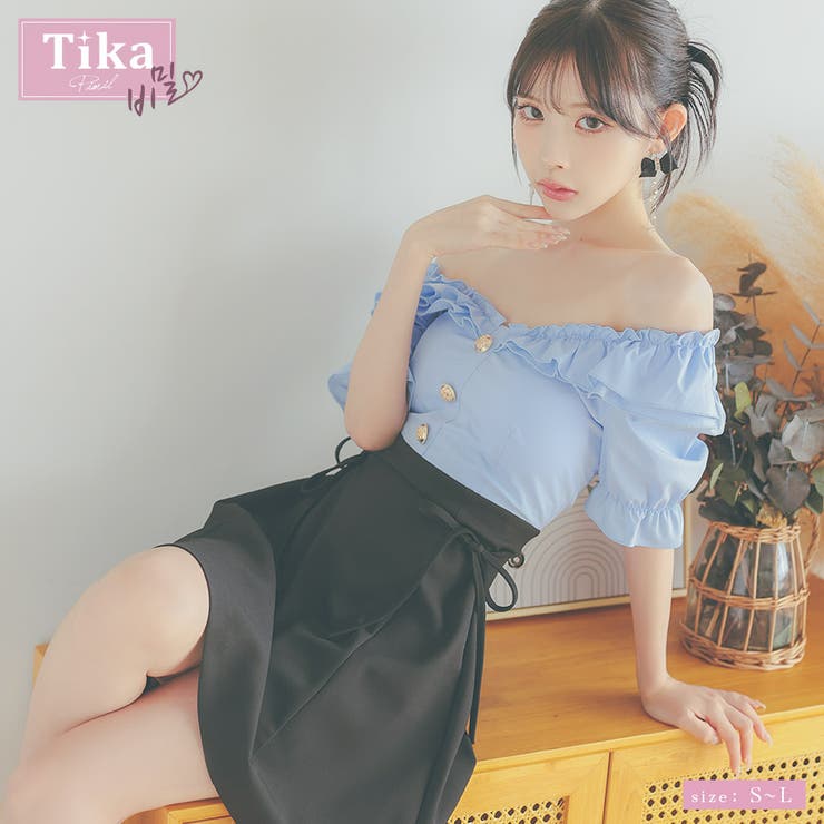 オフショルフリルハイウエスト切替Aラインミニドレス 韓国ドレス 韓国ワンピース | Tika | 詳細画像1 