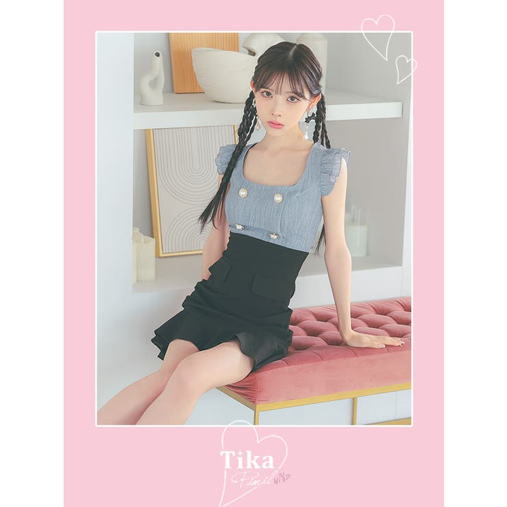 スクエアネック×ダブルボタンハイウエスト切替マーメイドミニドレス