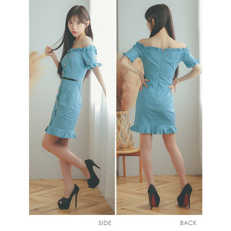 ウエストベルト付きオフショルフリルタイトミニドレス 韓国ドレス ガーリードレス | Tika | 詳細画像6 