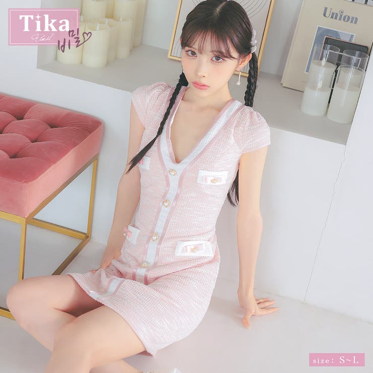 ピンク | バイカラーツイード×ゴールドボタンタイトミニドレス 韓国ドレス ガーリードレス | Tika