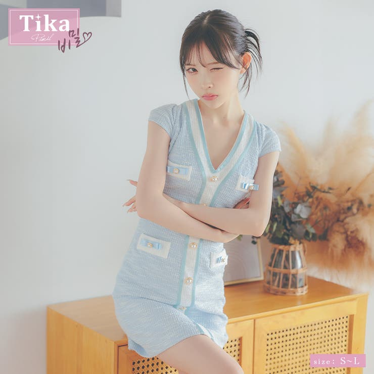 ライトブルー | バイカラーツイード×ゴールドボタンタイトミニドレス 韓国ドレス ガーリードレス | Tika
