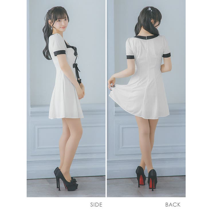ビッグリボンモノトーンスクエアネックAラインワンピース,韓国ドレス,ガーリーワンピース,ガーリードレス,袖あり,半袖,フレアドレス,ミニドレス,キャバドレス,キャバ,ドレス,S-Lサイズ,ブラック,ホワイト,重川茉弥,Tika,ティカ