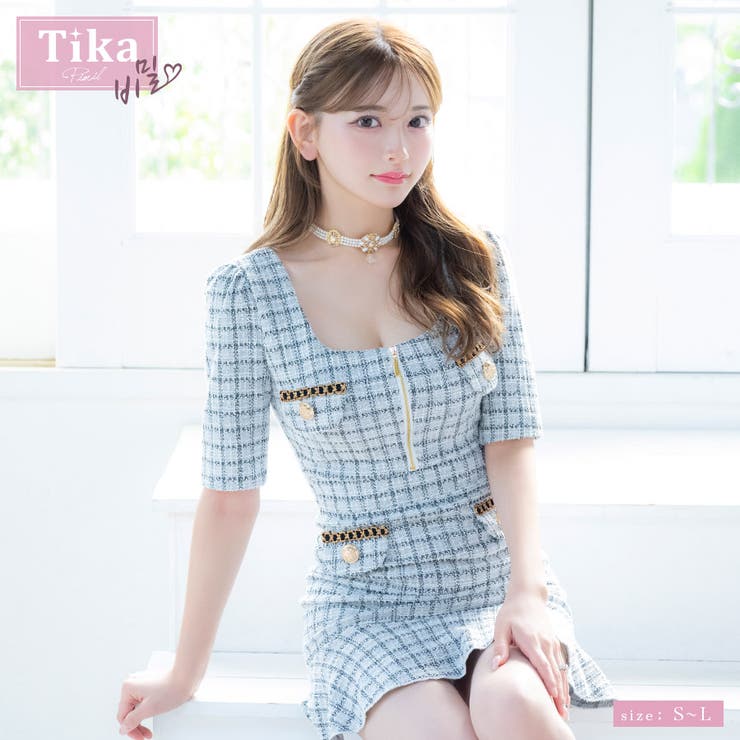 ツイードチェックウエストカット×ジップタイトミニドレス 韓国ドレス ガーリードレス | Tika | 詳細画像1 